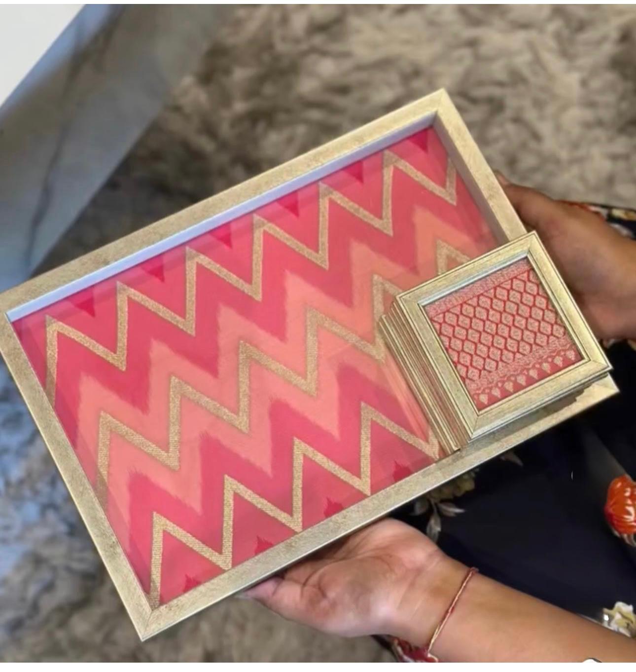 Brocade Tray Set -Pink Zigzag design