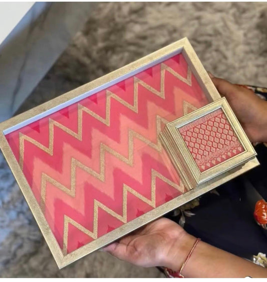 Brocade Tray Set -Pink Zigzag design