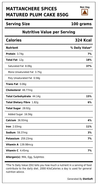 Mattanchere Spice Matured Plum Cake  850 gms (A)